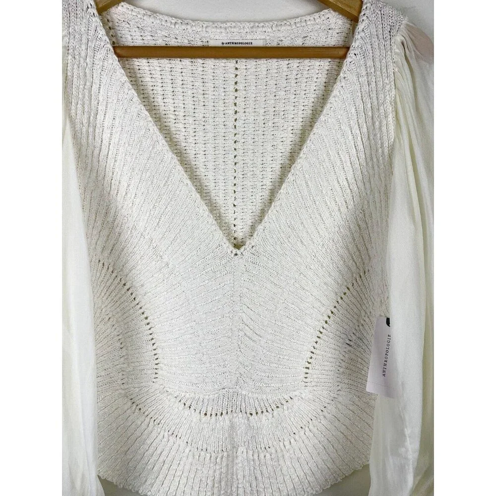 NWT! ANTHROPOLOGIE‎ Sheer Long-Sleeve V-Neck Knit Sweater Ivory Cream Size S - Picture 6 of 11